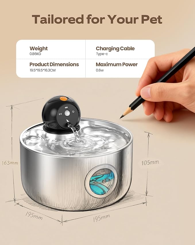 Cordless Cat Water Fountain Wireless: Battery Powered Pet Water Fountains for Cats Indoor with 8 Filters & 8 Sponges - 2.6L Rechargeable Kitty Water Fountain Stainless Steel with Water Level Window