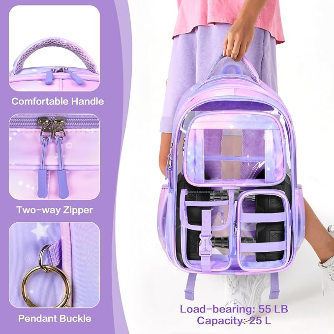 PAMANO Clear Backpack for Girls, Heavy Duty Transparent Bookbag for Kids, See Through Cute Backpacks for Elementary Primary School Work Sport Travel - Purple