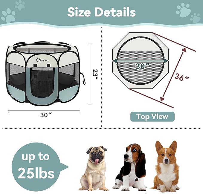Siedihit Dog Playpen, Puppy Pet Playpen, Medium Dogs Tent Crates Cage Indoor/Outdoor, Portable Pop Up Dog Kennel Playpen with Carrying Case for Dogs/Cats/Rabbits, Removable Zipper Top, Grey