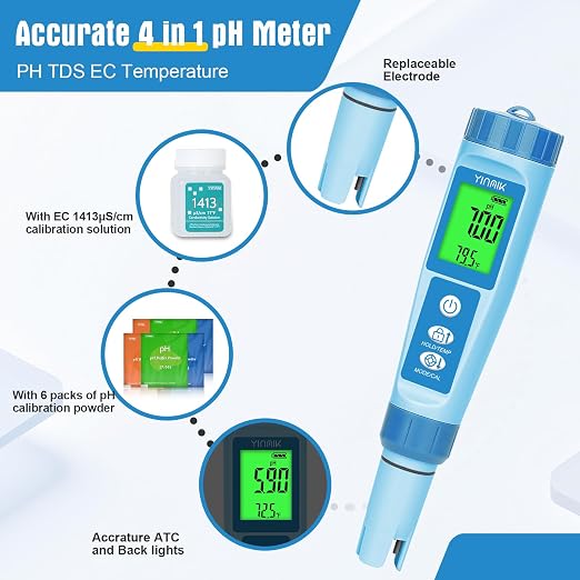Water pH Meter, Digital 4 in 1 pH Temp EC TDS Meter for Hydroponics | PH Conductivity PPM Tester with EC Calibration Liquid, Suit for Growing Nutrients,Reservoir Tank,DWC,Brewing,Pool, Aquarium
