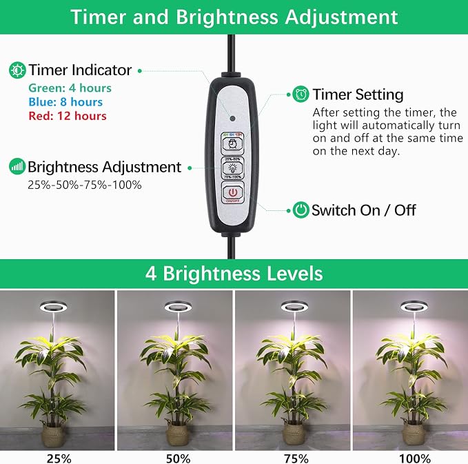 LORDEM Black Full Spectrum LED Grow Light, 72 LEDs, 4 Brightness Settings, Auto On/Off Timer, Height Adjustable, Ideal for Large Plants | 72 LEDs Plant Light, Auto Timer 4/8/12H, 4 Dimmable Levels, Height Adjustable 9.8-65 inch, Ideal for Tall Houseplants
