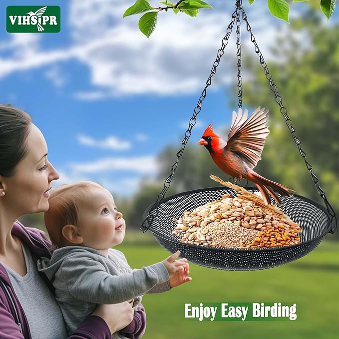 Hanging Bird Feeder for Outdoors – 12 in Platform Bird Feeder, Metal Mesh Seed Tray for Wild Birds, Black