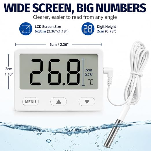 Fish Tank Aquarium Thermometer with Probe, 2.65" Large LCD and Alarm | 4.9 ft Probe, 2-sec Refresh, ±1°F Accuracy, -40℉ to 176℉, High Low Alert, Calibration, °F/°C Switch for Betta Turtle Tank