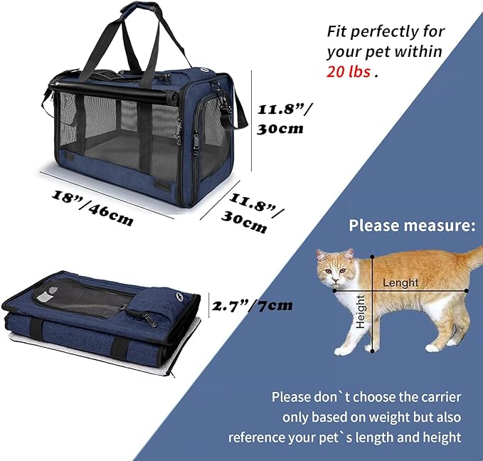 GAPZER Medium Cat Carrier Large Cat 15 lbs+ Soft Pet Carrier Small Puppy/Ventilated 2 Kittens Car Travel Bag Case/Comfy Big Maine Coons 25 Pounds/Soft-Sided Mesh Kitty Products Dark Blue