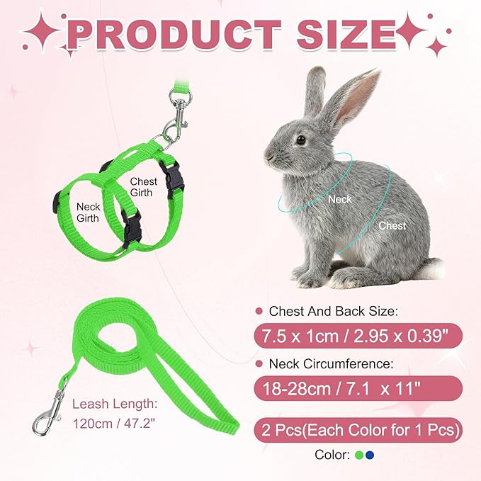 Rabbit Harness and Leash, Escape Proof Bunny Cat Leash Small Animal Harness Soft Adjustable Buckle(2Pcs, Grass Green/Sapphire) for Bunny Kitten Cats Puppies Walking Hiking