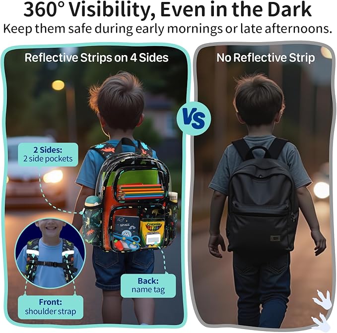 Clear Backpack for Boys, 15 Inch Heavy Duty Transparent Bookbag for Kindergarten to 2nd Grade, PVC See Through Daypack with Reflective Straps, Fits Standard Folders, Black Dinosaur