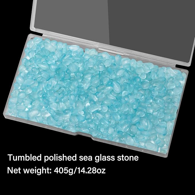 QEQEKAKA Sea Glass Stones for Crafts 1LB Ice Blue Pebble Gemstones Bulk | Small Glass Stones for Beaching Wedding DIY Decor Aquarium Turtle Tank Vase Filler (405g/14.28oz)