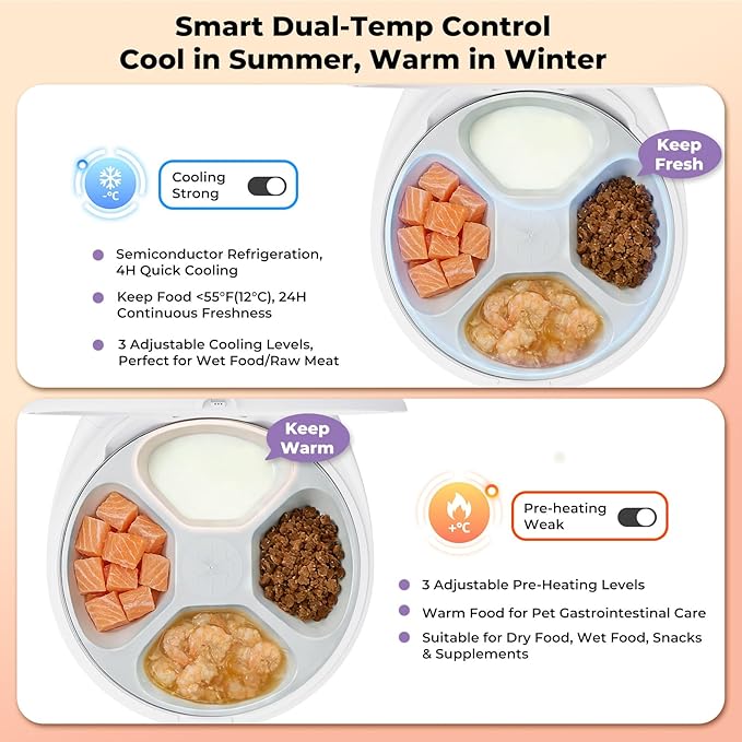 UBPET Smart Automatic Cat Feeder with Cooling & Heating, APP Control Dual-Temp Feeder for Wet/Dry/Raw Food, 24H Freshness, 4-Grid Tray, Anti-Pinch for Cats & Small Dogs (2-10kg)