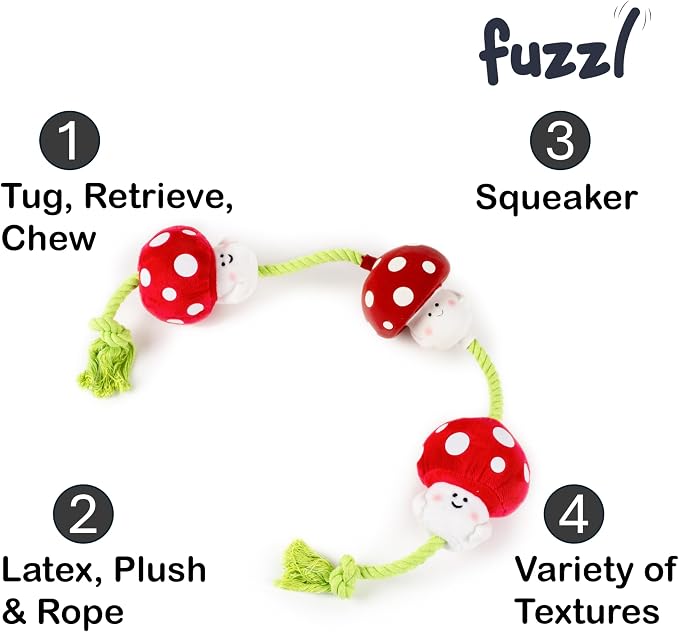 Fuzzl Tugga Magic Shrooms Dog Toy 75cm - Rope Latex and Plush Dog and Puppy Throw Fetch and Tug with Squeaker Mushrooms Enrichment