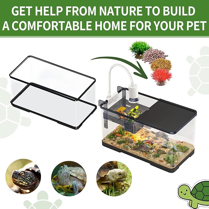 (Tank + Light + Filter + Filter Balls) Turtle Tank Kit, Turtle Tank Starter Kit,Bottom Drainage, Multi-Function Areas for Turtles, Crabs,Fishes, Amphibians,Reptiles. (21.65 × 12.28 × 12.28 Inch)