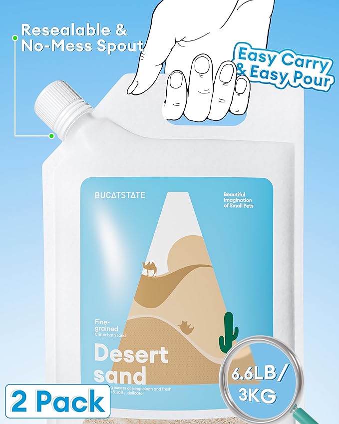 BUCATSTATE Hamster Bath Sand with Pour Spout Large Pack, 13.2LB Desert Bath Sand | No-Dust Potty Litter Calcium-Free Sand for Hamster Chinchillas Gerbil Mice Degu or Other Small Pets (2Pack-Fine Sand)