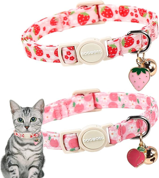 2 Pack Pink Strawberry Cat Collars Breakaway with Bell, DOGWONG Safety Buckle Peach Cat Collar for Girl Boy Cats and Small Dogs，Adjustable 7-12 Inch,Pet Supplies Accessories