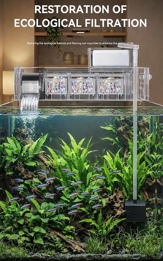 Aquarium Filter Fish Tank Filter Waterfall Low Water Level External Hang-on Filter with Independent Filter Box Replaceable Filter Sponge Multi-Stage Filtration for Turtle Tank Small Fish Tank