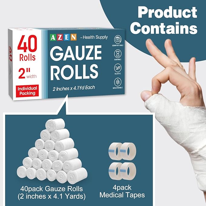 AZEN 40 Pack Gauze Rolls Bandages, 2 in x 4.1 Yards, Premium Medical Supplies & First Aid Supplies, Bandage Wrap Vet Wrap, Mummy Wraps