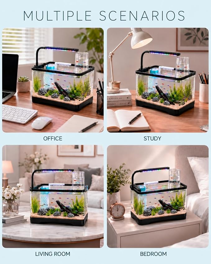 3 Gallon Betta Fish Tank Starter Kit - Negative Pressure Acrylic Aquarium | Desktop Small Aquarium with 3-Color LED Light, Quiet Water Pump Filter, Blue Sand & Net for Guppies, Goldfish & Small Fish