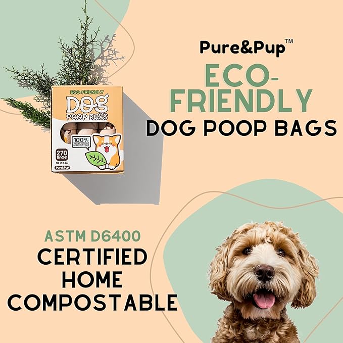 Pure & Pup 100% Certified Home Compostable Dog Poop Bags - Plant Based Corn Starch - Cute Poop Bags - 18 Dog Poop Bags Rolls - Extra Strong & Leak Proof - ASTM D6400 & EN 13432 Compliant - 270 Count