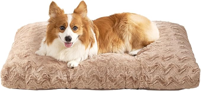 EHEYCIGA Washable Large Dog Bed for Crate 35x23 Inch, Kennel Pad for Dogs Up to 45 lbs, Plush and Comfy Pet Sleeping Mat, Camel