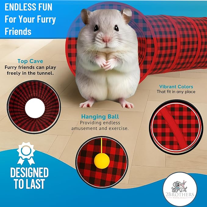 Tunnels with 3-Way Entrance - Cozy, Washable Guinea Pig Hideout - Interactive Cage Toys (Red Plaid)