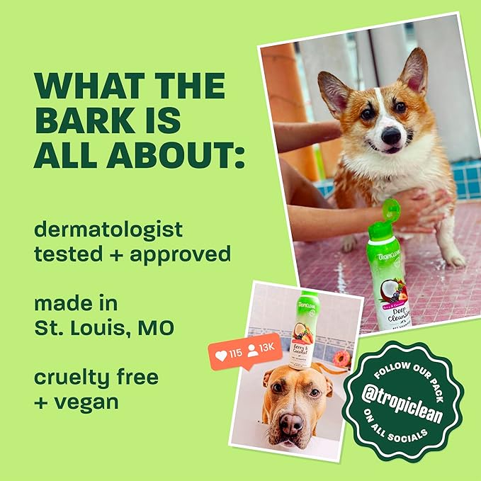 TropiClean No Rinse Waterless Dog Shampoo | Detangling & Deodorizing Dry Shampoo for Smelly Pets | Moisturizes Dry Skin | USA Made | Papaya Scent | 7.4oz
