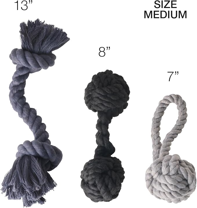 Pet Passion Brady The Rope Tug Toy 3-Pack Organic Cotton Dog Rope Pull Toys for All Pet Breeds, Gray Ombre, One Size