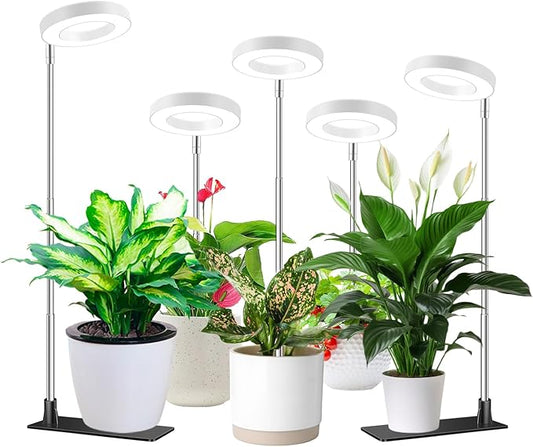 Aokrean Grow Lights for Indoor Plants, Full Spectrum Small Halo Plant Grow Light with Base, 48 LED Growing Lamp 10 Levels Dimmable Auto On Off 3/9/12 Hrs Timer for Small Plants, White, 3.5in, 5 Pack