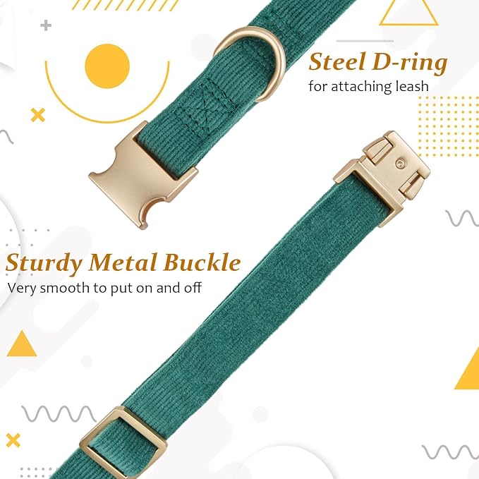 Soft Cotton Dog Collar with Metal Buckle Adjustable Heavy Duty Comfy Corduroy Collars for Small Medium Large Dogs,Dark Green,Large