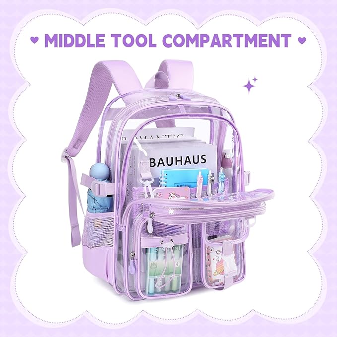 Clear Backpacks for Stadium Events Heavy Duty Clear Bookbag for School Girls Transparent Back Pack, Purple