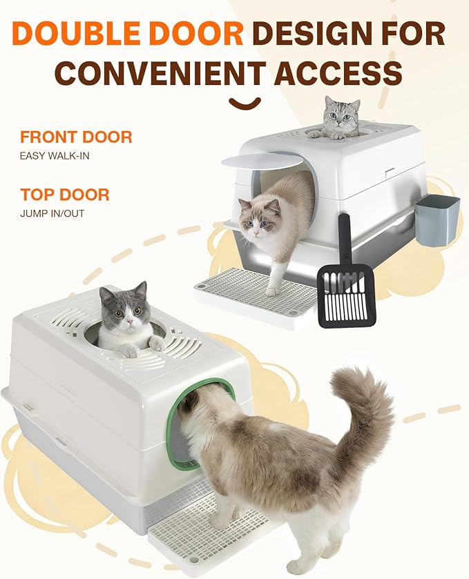 XL Stainless Steel Cat Litter Box with Lid, Enclosed High-Sided Top-Entry Design, Large Metal Kitty Litter Box Equipped with Scoop and Trash Bin, White