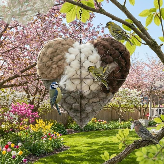 Handmade Alpaca Fiber Bird Nesting Heart, Birds Nests Material Holder, Winter Tree Shelter for Wild Bird