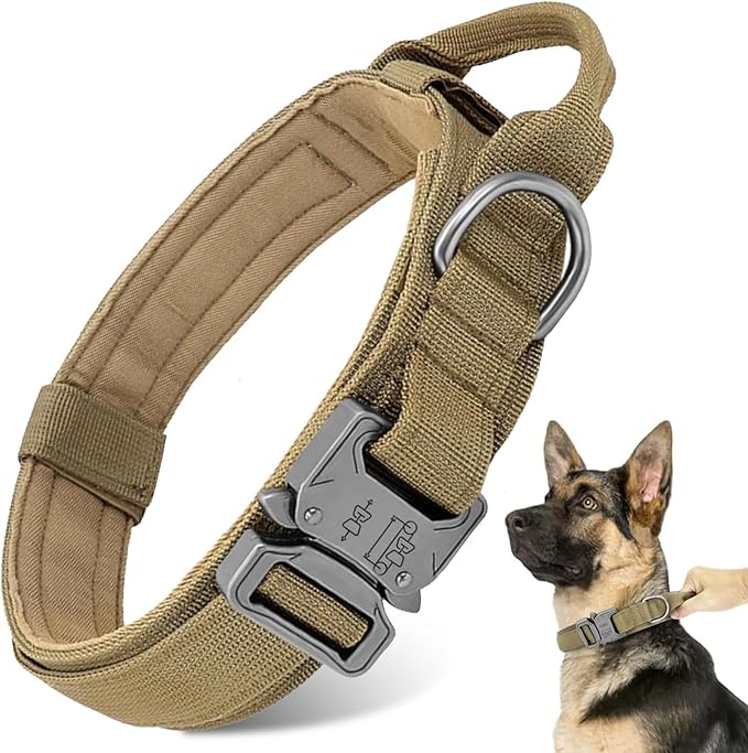 Tactical Dog Collar - Military Dog Collar, Adjustable Heavy Duty Metal Buckle Nylon with Control Handle for Small Medium Large Dogs (Brown, M)