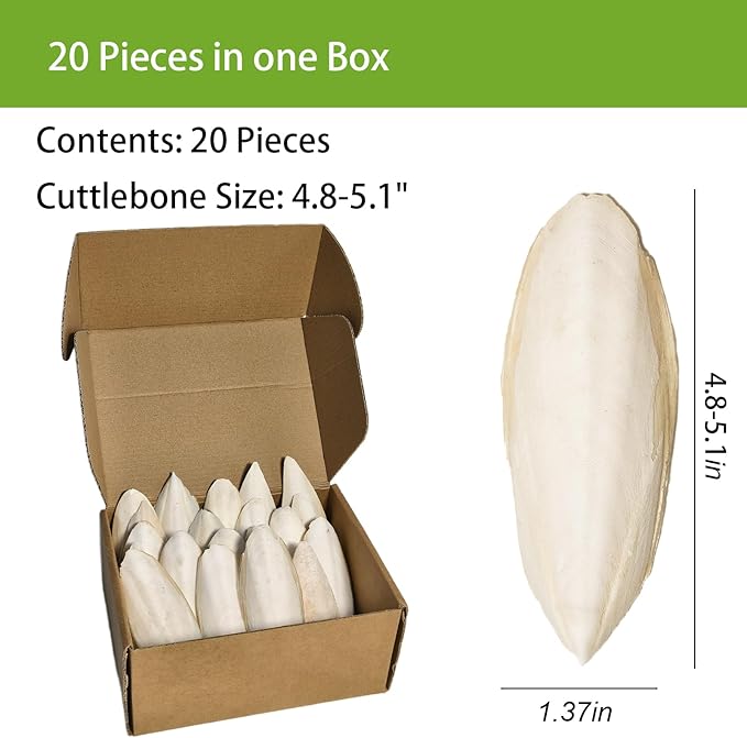 4.8"-5.1" Cuttlebone for Birds,Parakeets Cuddle Bone Beak Trimming,Premium Calcium Natural Cuttlefish Bone for Parrot,Cockatiel,Budgie,Tortoise, Snails,Reptiles,20 Pcs