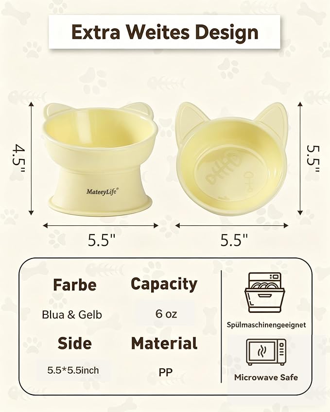MateeyLife Elevated Cat Bowls, 2P Raised Food and Water Bowl Set for Indoor Cats & Small Dogs, Whisker Fatigue Cat Bowl, Anti Vomit Feeding Pet Bowls, 6 oz Each, Dishwasher Safe - Blue & Yellow