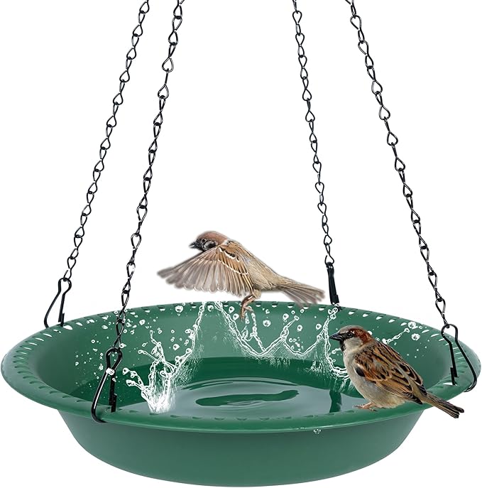 OVZILKI Bird Baths for Outdoors Heavy Duty, 16 inch BirdBath Bowl Only with Rust-Proof Black Chains, Hanging Bird Bath Hanging Bird-Feeder for Garden Backyard Decor (Green 1 Pack)