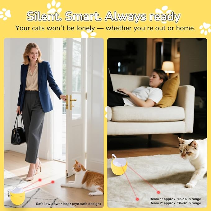 Automatic Laser Play Cat Toy with Dual Beams, Ultra-Quiet 35–38dB, Rotating Wobble Base & 3 Smart Modes – Hands-Free Interactive Toy for Indoor Cats