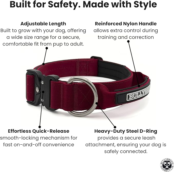 Heavy Duty Dog Collar, Tactical Dog Collar, Dog Collars for Medium Dogs, Waterproof Dog Collar, Dog Training Collar, Quick-Release Metal Buckle, Adjustable Sizes – BULLYBREED (Maroon Red, Medium)