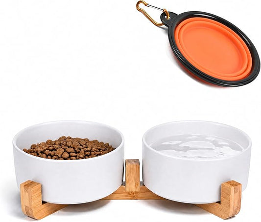 Petygooing Dog Bowls,White Ceramic Cat Dog Bowl Set with Wood Stand for Food and Water Feeder, Modern Pet Dish Set for Cats and Small Size Dogs Puppy (13.5OZ/5.1 in)