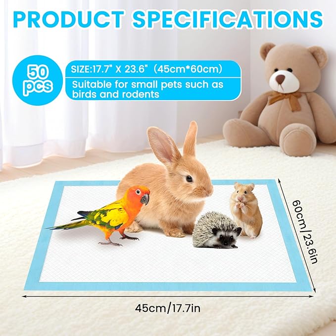 50 Pcs Bird Cage Liners, 17.7x23.6 Inch Disposable Absorbent Pads for Small Animal Enclosure Care