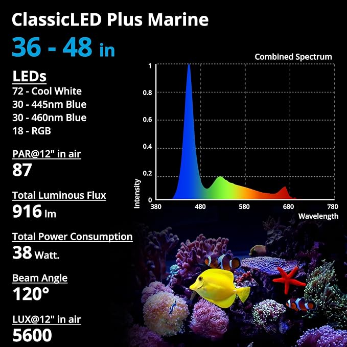 NICREW 36W Saltwater Aquarium Light, Marine LED Reef Light for Corals, Programmable Timer Controller, 36 to 48-Inch | Balanced Blue and Full Spectrum for Soft/LPS Corals, Day + Night Cycle with Sunrise/Sunset Simulation, Extendable Brackets