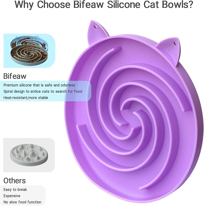 Bifeaw Slow Feeder Cat Bowl, Easy to Clean Silicone Bowl, Ideal for Dry and Wet Food (Purple and Pink)