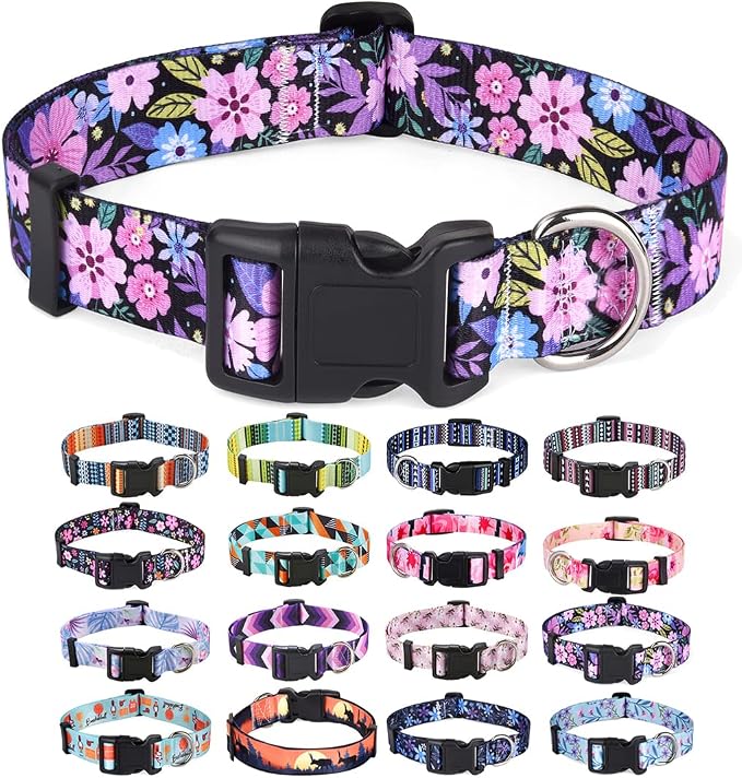 Mihqy Dog Collar with Bohemia Floral Tribal Geometric Patterns - Soft Ethnic Style Collar Adjustable for Small Medium Large Dogs(Floral Pink,L)