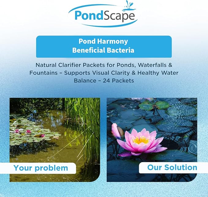 PONDSCAPE Harmony Beneficial Bacteria – Natural Clarifier Packets for Ponds, Waterfalls & Fountains – Supports Visual Clarity & Healthy Water Balance – 24 Packets