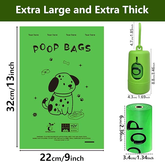 Dog Poop Bags Rolls-Biodegradable dog poop bags, Compostable Dog Waste Bags, ASTM D6400 & EN 13432 Compliant BPI Certified Pet Waste Bags. Earth Friendly 450 waste bag including dispenser