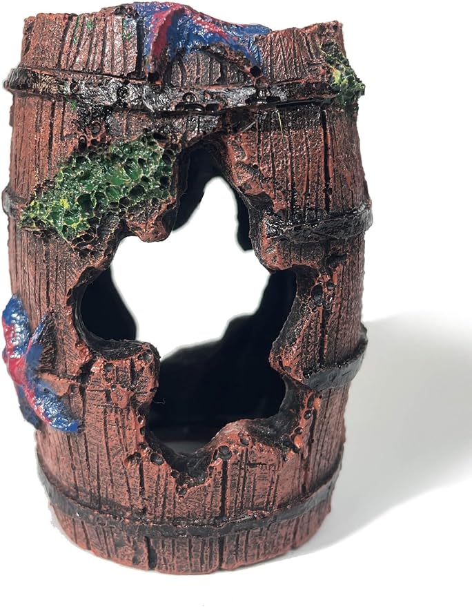Aquarium Decor - Small Broken Barrel with Star Fish Tank Cave Hideout with Holes, Mini Decorations for Betta Fish, Shrimp, Nano Tank Decor, Aquarium Accessories Supplies, Safe Aquatic Ornament