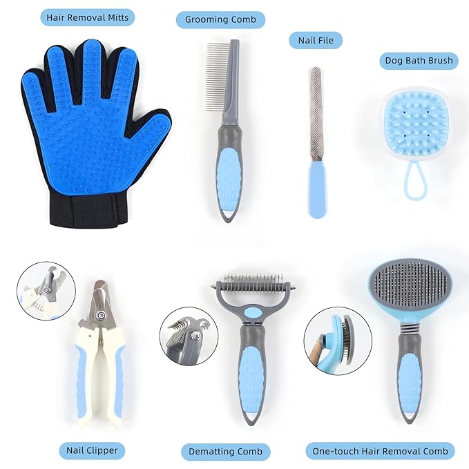 Wisedog Dog Grooming Kit 7PCS - Cat Nail Clipper with Nail File, Dematting Comb for Dogs, Flea Comb, Bath Brush, Hair Removal Mitts (Upgraded Blue)