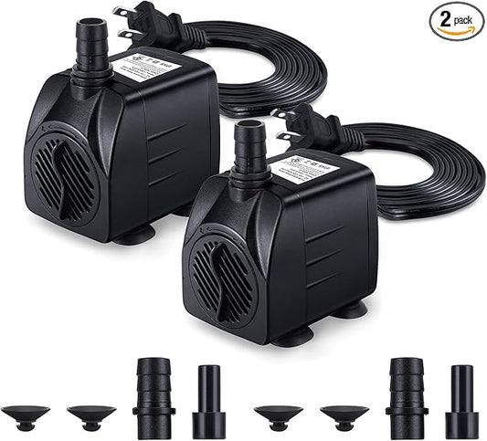 CWKJ Fountain Pump, 2 Packs 160GPH(10W 600L/H) Submersible Water Pump, Durable Outdoor Fountain Water Pump with 7.2ft（2.2m）Power Cord, 3 Nozzles for Aquarium, Pond, Fish Tank, Water Fountain Pump