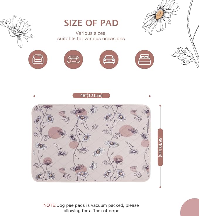 IEUUMLER Washable Pee Pads for Dogs, 2 Pack Non-Slip & Waterproof Pack Whelping Pad, Reusable Washable Puppy Potty Training Pad with Fast Absorbent for Playpen EU007 (Pink Daisy, 36"X48"-2pcs)