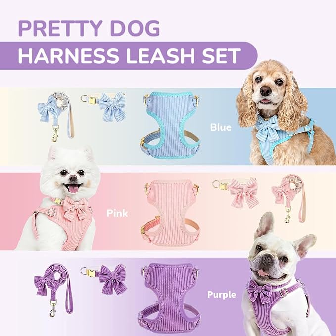 Small Dog Collar Harness and Leash Set with Bowtie, Adjustable Dog Harness Collar and Leash Set with Secure Metal Buckle, Breathable Cotton Adjustable Pet Puppy Harness, Easy Walk Harness, M(16-21")