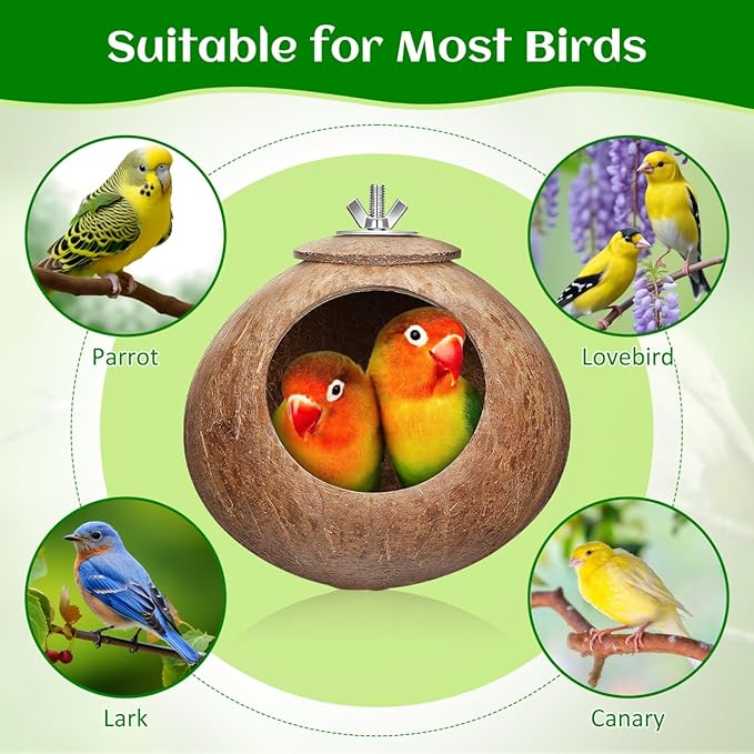 Balacoo Coconut Bird Nest for Cage: Natural Coconut Shell Parakeet Nesting Box, Parakeet Breeding Hut - Bird Cage Accessories for Budgies Cockatiel Conure Lovebirds