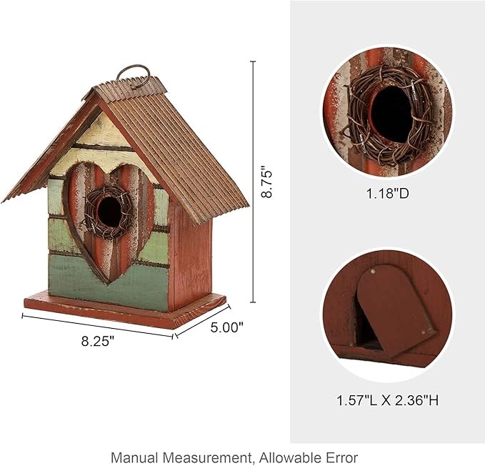 Glitzhome Bird House for Outdoor, 8.75" H Decorative Pet Cottage Distressed Heart Garden Wooden Birdhouse for Outside, Hanging Birdhouse for Bluebird Hummingbird Wren Finch Cardinals Cedar