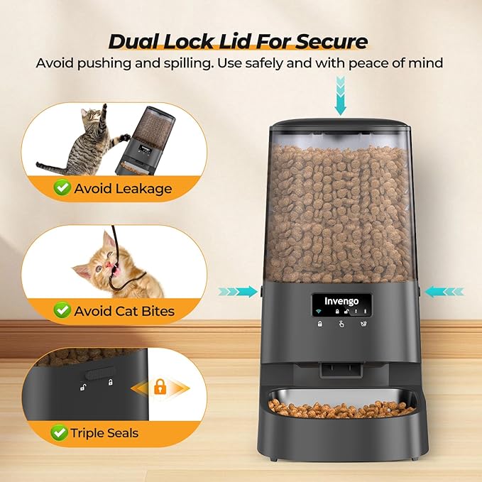 Automatic Cat Feeder with App Control, 5L Food Dispenser for Cats and Small Dogs, 2.4/5G Wi-Fi, Programmable Portions, Anti-Jam & Fresh-Lock, Stainless Steel Bowl, Easy to Clean